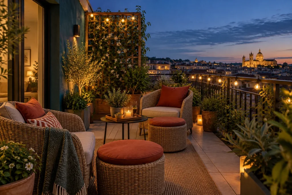 Terraza lounge con celosía: dos asientos, un filtro verde y luz cálida