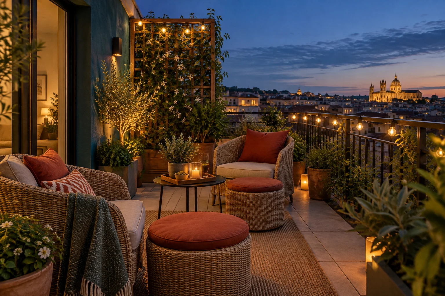Idea de decoración: Terraza lounge con celosía: dos asientos, un filtro verde y luz cálida